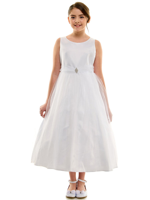 Petite Adele Little Girls White Dull Satin Glitter Brooch Flower Girl Dress 2T-6 - SophiasStyle.com
